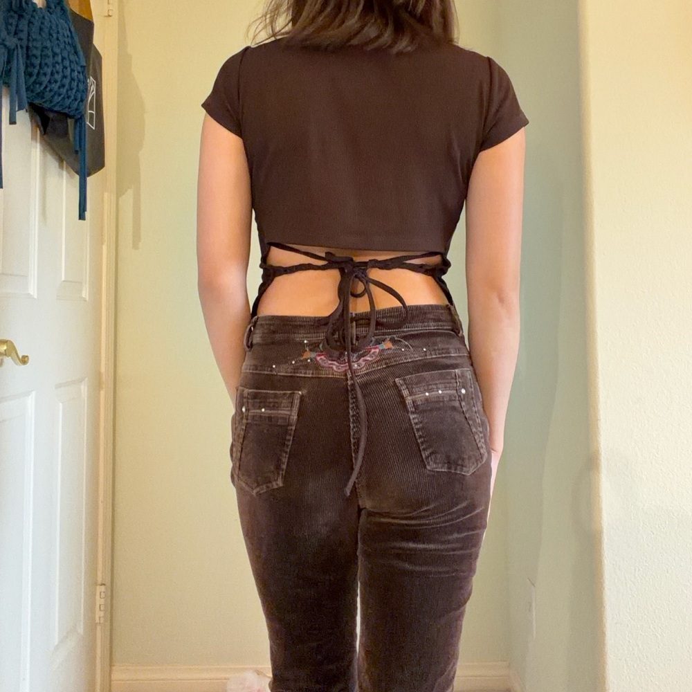 Y2K Bedazzled Embroidery Brown Corduroy Pants, High Rise, Flare Bottom